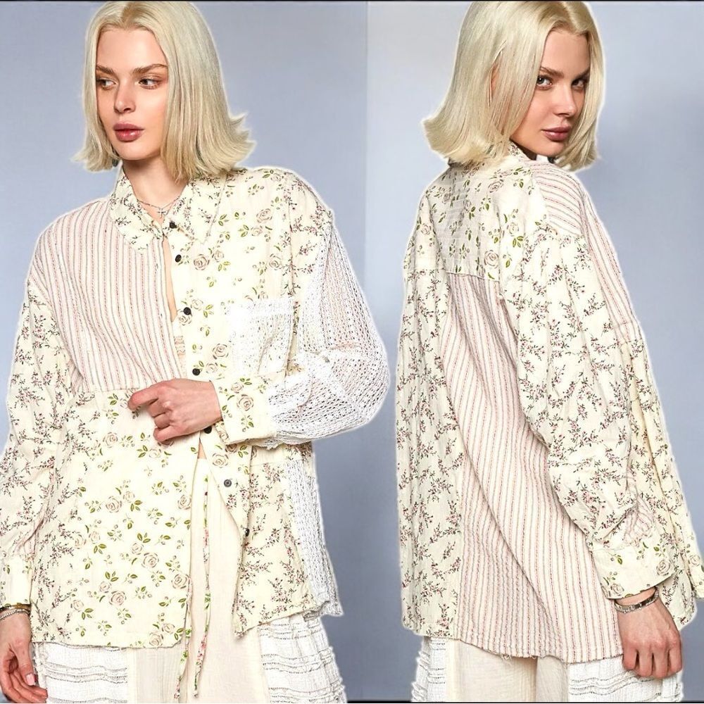 POL Oversized Shirt Lace Patchwork Floral Button-Up Long Sleeve Boho Large NEW